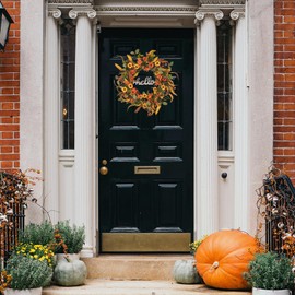 LuBlomy 20 Inch Artificial Fall Wreath for Front Door, Farmhouse Fall Wreaths with Hello Sign for Thanksgiving Porch Home Decor…