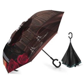 Xmkltbz Manual Large Inverted Rain Umbrella, Manual Open/Close Reverse Car Umbrella Sun Protect UV Winds Rain Compact Parasol Print Red Wine Bottle Two Glasses Candle and Red Roses on Brown Wood