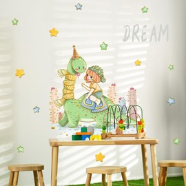 2 Sheets Dinosaur Wall Stickers for Girls Room Cute Girl Green Dino Cactus Wall Decals Peel and Stick Murals for Kids Bedroom Nursery Decor (Green Dinosaur)