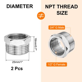 sourcing map 2Pcs Stainless Steel Pipe Fitting, G3/4" Male x G1/2" Female Stainless Steel Hex Nipple Pipe Fitting Connector Pipe Fitting Adapter with PTFE Tape (Length 18mm/0.7", Silver Tone)