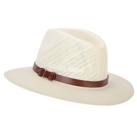 Men's Paper Braid Leatherette Buckle Trim Large Brim Fedora Hat - Ivory M