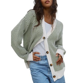 Dokotoo Women's Cardigans Long Sleeve Open Front Winter Knit Womens Cardigan Striped Color Block Casual Ladies Lightweight Knitted Outwear Coats Jacket Sweaters Green Stripe L UK 16 18