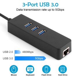 USB 3.0 Hub with 3 Ports Gigabit Ethernet Adapter 10/100/1000 Mbps Converter LAN RJ45 Wired USB Network Adaptercolor: Black Color