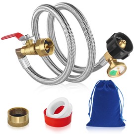 FANOVO Propane Filler Adapter 1 Pound 304 Stainless Steel Braided 1lb Propane Tank Refill Adapter with Gauge & Shut Off Valve QCC1 Inlet Propane Bottle Fill Converter Connector for 1lb Samall Bottle