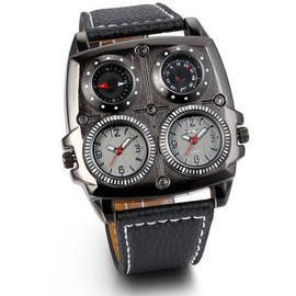 JewelryWe Father's Day Gifts Mens Dual Time Zone Army Military Large Sport Quartz Watch Black with Decorative Compass Thermometer