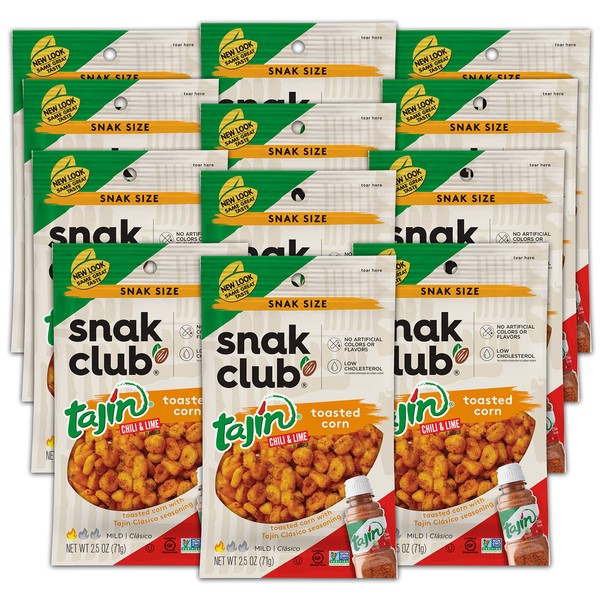 Snak Club Toasted Corn, Tajin Clásico Chili & Lime Flavor, Crunchy, Flavorful Low-Cholesterol Individual Snacks, 2.5oz (Pack of 12)