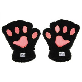 Women Girls Bear Faux Fur Soft Plush Cat Paw Claw Glove Fingerless Gloves Mitten Soft Winter Gloves Coral Fleece Mittens Black
