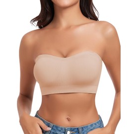 WOWENY Strapless Bras for Women Bandeau Bra Wireless Non-Slip Silicone Seamless Padded Tube Top Bra(Nude, S)