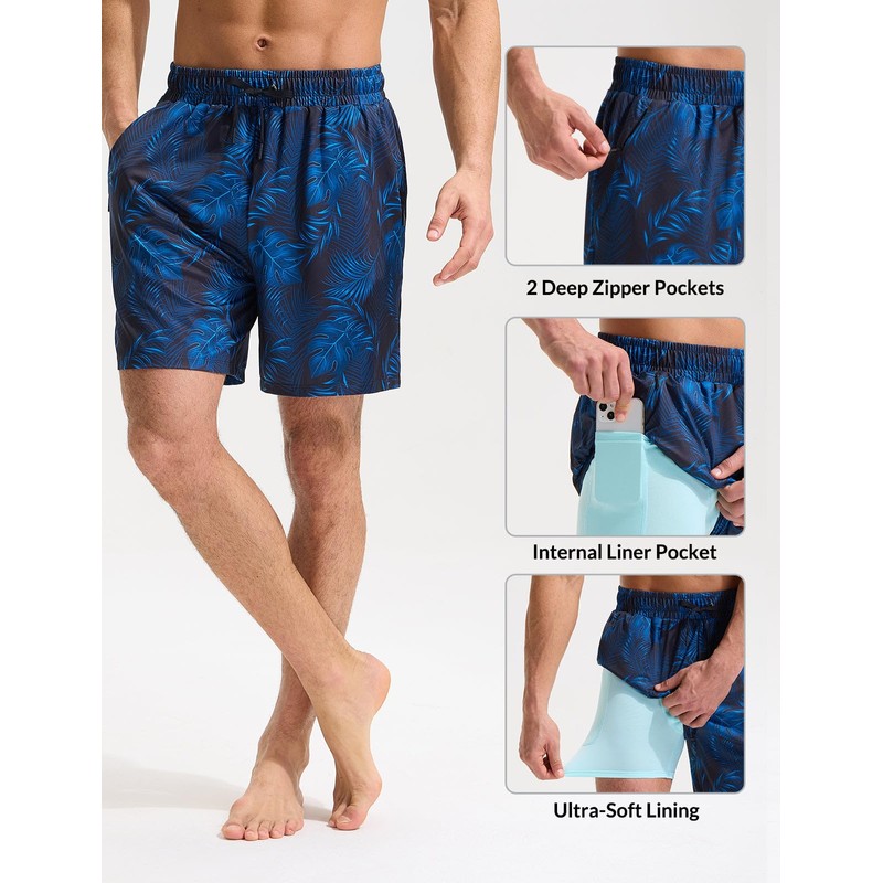 baleaf Swim Shorts Men with Zip Pockets Rash Guard Swimming