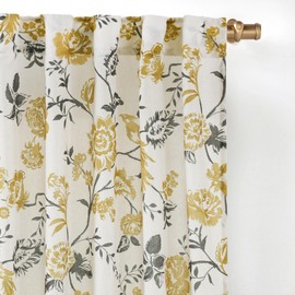 LIMON HOME Yellow and Grey Floral Curtains 84 Inches Long for Living Room Flower Watercolor Pattern Print Non-See-Through Curtains for Bedroom Window Retro Country Farmhouse Curtain 2 Panels