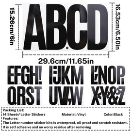 6 Inch Large Letters Stickers, 76 Pieces Self Adhesive Alphabet Sticker for Mailbox, Door, Truck and Outdoor, Waterproof Sticky Vinyl Letter Symbol Stickers,14 Sheets Black