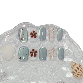 Medium Square Press on Nails Cat Eye Handmade False Nails with Designs, French Tip Short Coffin Reusable Fake Nails (Blue Cat Eye#Medium)