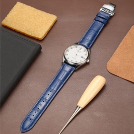 Moran Quick Release Leather Watch Bands Deployment Butterfly Buckle Calfskin Replacement Watch Strap for Men & Women, Blue-Silver Buckle, 18mm-XXL