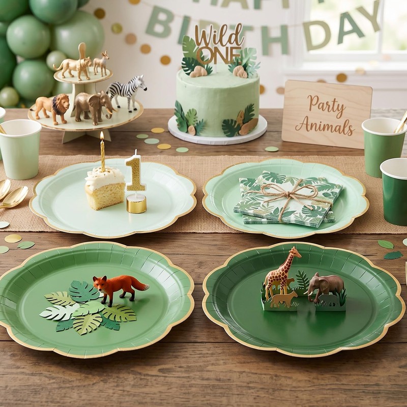 9 Inch Green Gradient Paper Plates, Gold Rim Party Plates
