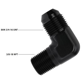 8AN Male Flare to 3/8 NPT Pipe Male 90 Degree Elbow Fitting Adapter Union - Aluminum, Black.