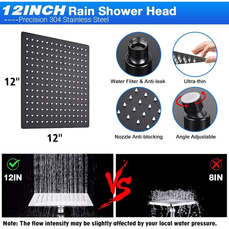Matte Black Shower Head with Filters 12" Rain Shower Head