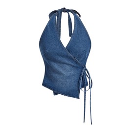 MakeMeChic Women's Halter Denim Top Wrap Asymmetrical Backless Fitted Y2K Crop Tops Blue Medium