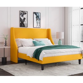 Allewie Modern Full Size Modern Platform Bed Frame with Wingback / Upholstered Bed Frame with Headboard / Wood Slat Support / Mattress Foundation / Light Yellow(Full)