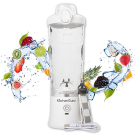 Kitchen Guru Elite Rechargeable Travel Blender: 240W Personal Smoothie Maker with 6-Leaf Blade, 600ml Capacity, and Innovative Pop-Up Design for Easy Portability - For Home or On the Go (White)