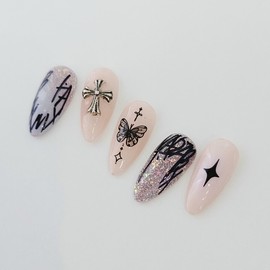 Drawing Cross Handmade Nail Tips Unique Design - Coffin Long / 드로잉크로스 수제네일팁 유니크 디자인 - 코핀롱