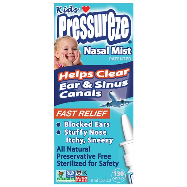 Pressureze Nasal Mist for Kids - 18 ml - (130 Sprays) - Fast, All Natural Relief from Sinus & Ear Pressure Symptoms, Congestion, Stuffy Nose, Blocked Ears, Nasal Drip