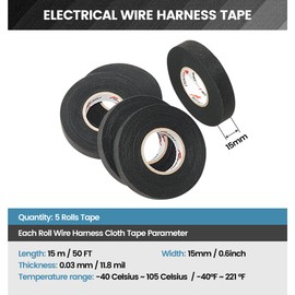 RED WOLF Wire Electrical Tape, 3/5 Inch x 50 Feet 5-Roll, Felt Cloth Electric Tape Noise Dampening High Temp Wiring Loom Harness, Self-Adhesive Fabric Tape for Automotive Engines Wrap Protection