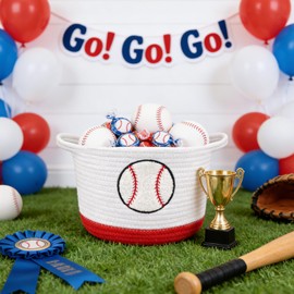 Baseball Woven Basket-Cute Cotton Rope Gift Basket Embroidered Baseball