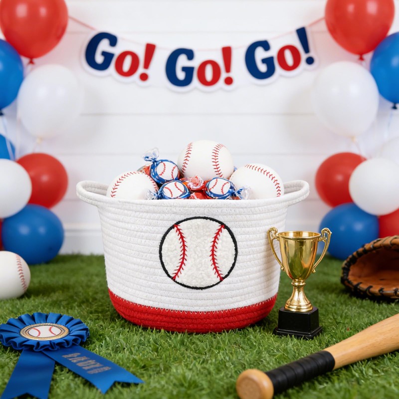 Baseball Woven Basket-Cute Cotton Rope Gift Basket Embroidered Baseball