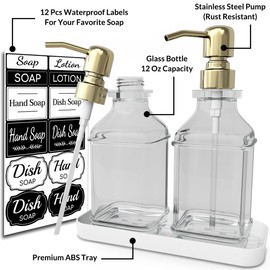 LMQML Soap Dispenser - 2 Pack, Antique Design Thick Glass Hand Soap Dispensers with Sturdy Tray; 304 Rust Proof Stainless Steel Pump, 12Pcs Stickers, for Kitchen, Bathroom