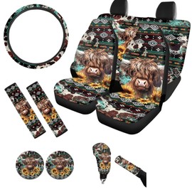 FKELYI Aztec Cattle Car Seat Covers - Full Set, Front & Back Seat, Steering Wheel, Seat Belt Pads, Cup Coasters, Gear Shift & Handbrake Covers