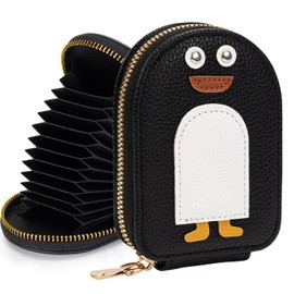 [Small Shop] Credit Card Wallet Cute Cartoon Penguin Credit Card Holder with Card Slots Zipper Leather Coin Case Large Capacity Storage Bag Portable Credit Card Coin Wallet, Black