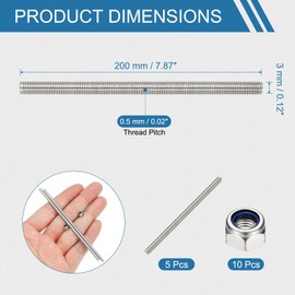 PATIKIL 5pcs Full Threaded Rod M3 x 200mm 304 Stainless Steel Right Hand Long Thread Bar Stud Pipe Clamp Hanger with Nuts for U-Bolt