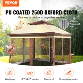 VEVOR Pop up Gazebo for 8-10 Person, with Mosquito Netting, Metal Frame, and PU Coated 250D Oxford Cloth, Outdoor Canopy Shelter for Patio, Backyard, Lawn, Garden, Deck, 11 x 11 FT, Brown