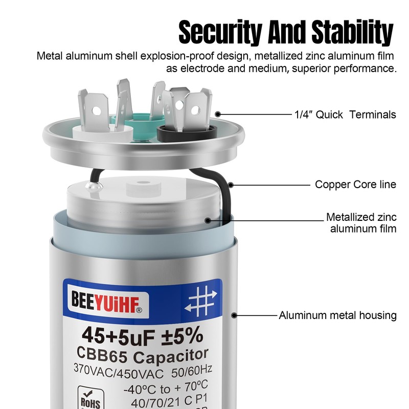 BEEYUIHF 45+5uF ±5% 45/5 MFD 370/440/450V AC 50/60Hz CBB65 Capacitor