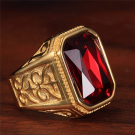PAURO Men's Stainless Steel Vintage Golden Square Wedding Ring with Big Stone Red Size U
