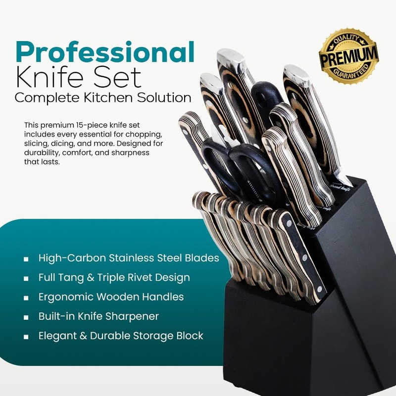 Kitchen Knife Set – 15-Pcs High-Carbon Steel Knife Set with
