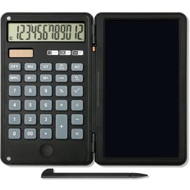 Basic Calculator with LCD Writing Tablet, 12 Digits Display Handheld Pocket Size Portable Solar Powered Calculadoras for School Office Home Work, Black