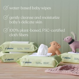 Pipette Baby Wipes - 100% Plant-Based Fibers and Plant-Derived Moisturizers, Water-Based (Fragrance-Free, 288-Count)