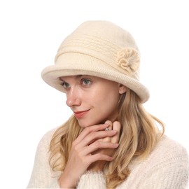 ZffXH Womens Cloche Hat, Winter Knit 1920 Vintage Beanie Cap Bowler Church Bucket Dress Felt for Women Ladies Seniors Beige