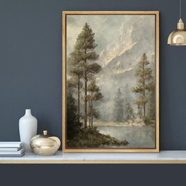 MUDECOR Framed Canvas Print Wall Art Pine Forest and Mountain View Classic Nature Landscape Illustrations Minimalism Decorative Bohemian Zen for Living Room, Bedroom, Office - 24"x36" NATURAL