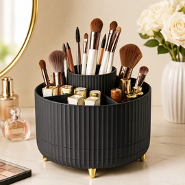Rotating Makeup Brush Holder Organizer for Vanity Storage – 360° Spin Design with 5 Compartments for Beauty Tools and Desktop Organization