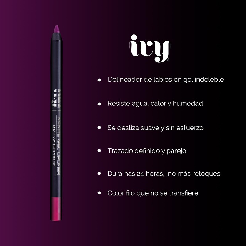 IVY Delineador de Labios en Gel, Indeleble 24 Horas, Resistente