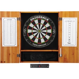 Viper Metropolitan Solid Wood Cabinet & Sisal/Bristle Dartboard Ready-to-Play Bundle: Elite Set (Razorback Dartboard, Darts and Laser Throw Line), Oak Finish