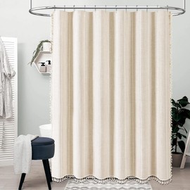 BTTN Boho Farmhouse Shower Curtain, Linen Rustic Weighted Striped Cloth Shower Curtain Set with Tassel, Water Repellent, Bohemian Vintage Country Fabric Shower Curtain for Bathroom, Cream/Beige, 72x72