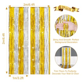 Anwyll Gold Silver Foil Tinsel Fringe Curtains Backdrop,2Pack Metallic Curtain Party Streamers Photo Backdrop for Party Decorations,Glitter Gold and Silver Backdrop for Birthday Bachelor Party Decor