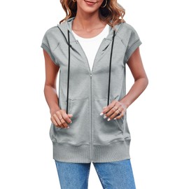 Fisoew Women's Sleeveless Zip Up Hoodies Casual Loose Fit Drawstring Sweatshirts Lightweight Jackets Vest with Pockets Grey