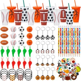 Hollowfly 12 Set Sport Party Favors Football Basketball Soccer Baseball Goodie Bags Include Cups with Straw Mini Stress Ball Keychains Bracelets Whistles Stickers Pencils for Party Birthday Supply