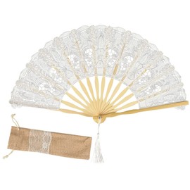 iZoeL Hand Fan Lace White Fan Wedding Fan Bridal Fan Folding Fan Dance Fan for Wedding with Linen Gift Bag (White Lace XL), White