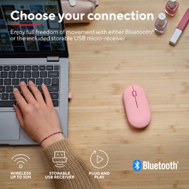 Trust Puck Wiederaufladbare Kabellose Maus, Bluetooth und 2.4 GHz Verbindung via USB-Mikroempfänger, DPI Einstellbar 800/1200/1600, Ergonomisch, Funkmaus für PC/Mac/Computer/Laptop/MacBook - rosa