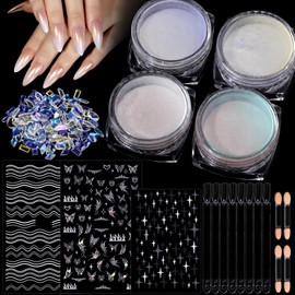 Teenitor Chrome Nail Powder, Nail Chrome Powder for Nails with Nail Art Stickers, White Chrome Nail Powder Pearl Chrome Nail Powder Mermaid Chrome Nail Powder